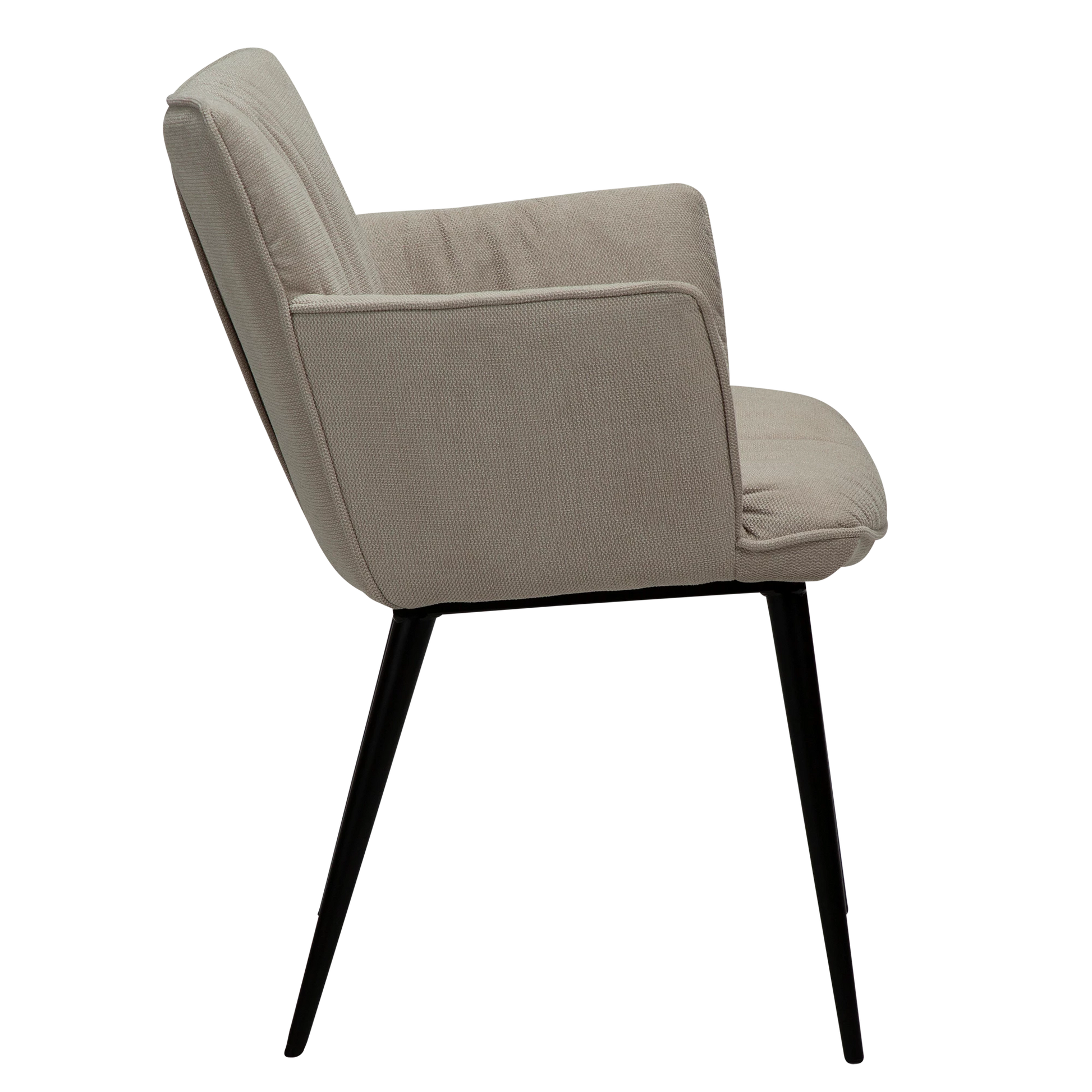 JUSTIN Armchair in desert sand fabric with sleek black metal legs, designed by Says Who