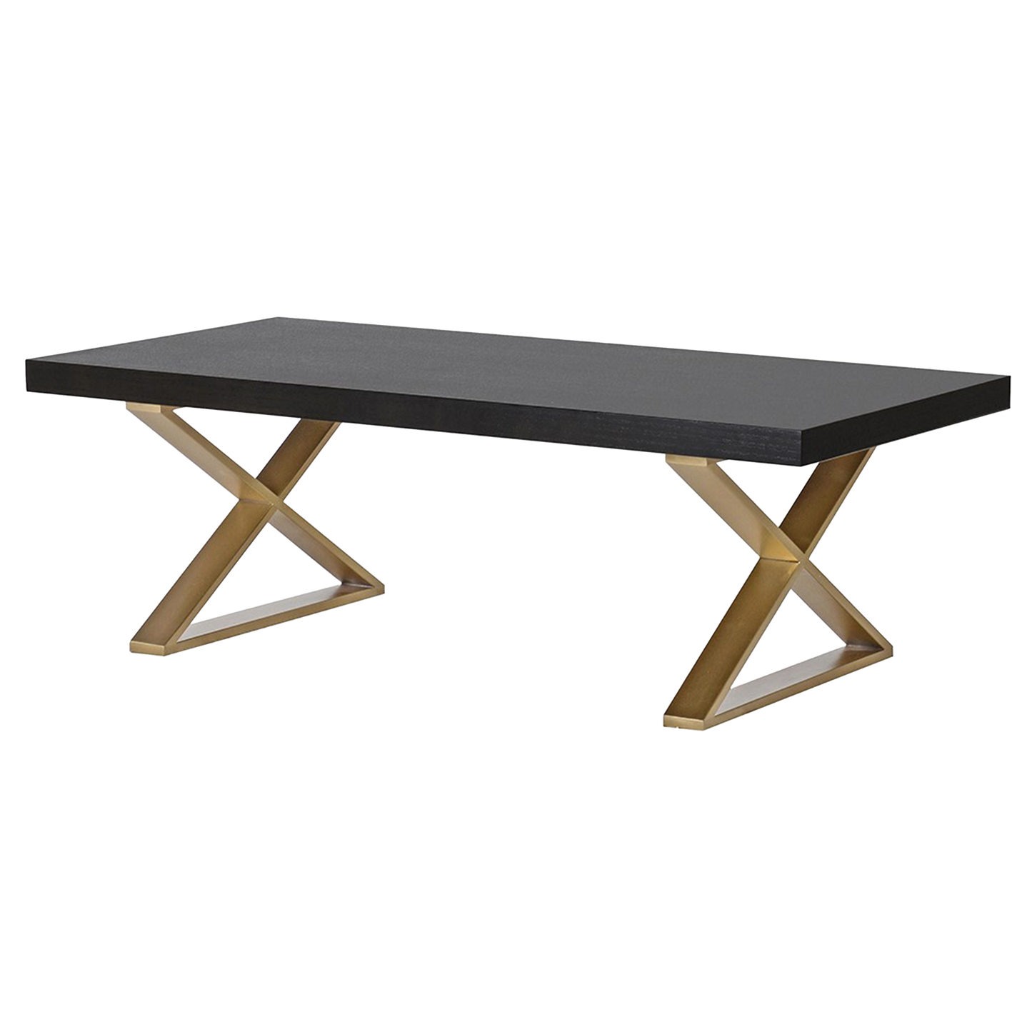 JUDE X-leg coffee table with black wooden top and gold geometric base for modern interiors.