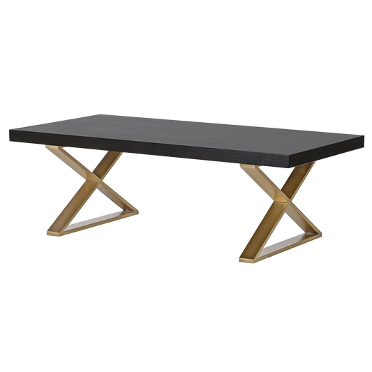 JUDE X-leg coffee table with black wooden top and gold geometric base for modern interiors.