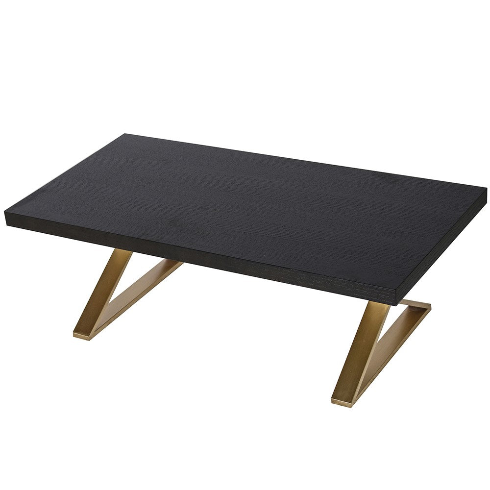 JUDE X-leg coffee table with black wooden top and gold geometric base for modern interiors.