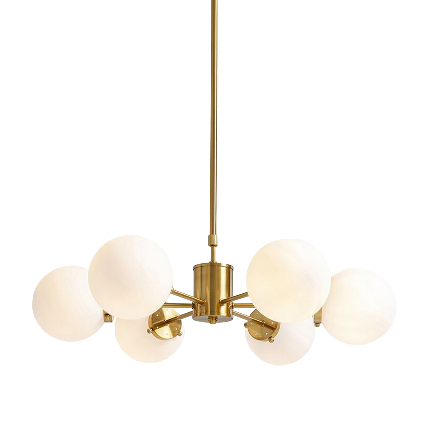 JOE Gold Pendant Lamp with six frosted glass globes and sleek gold frame.