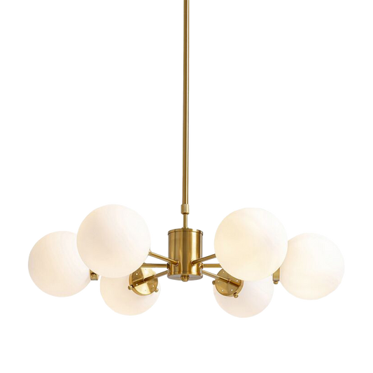 JOE Gold Pendant Lamp  with six frosted glass globes and sleek gold frame.