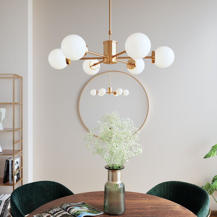 JOE Gold Pendant Lamp with six frosted glass globes and sleek gold frame.