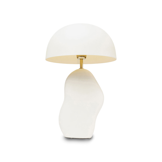 MARK White Table Lamp with a sculptural organic-shaped base and minimalist dome-shaped shade.