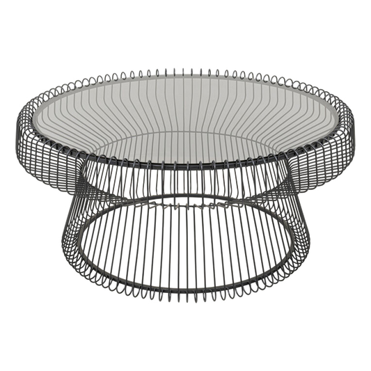 JOAQUIN Black Coffee Table with tempered glass top and wireframe black base for modern interiors.