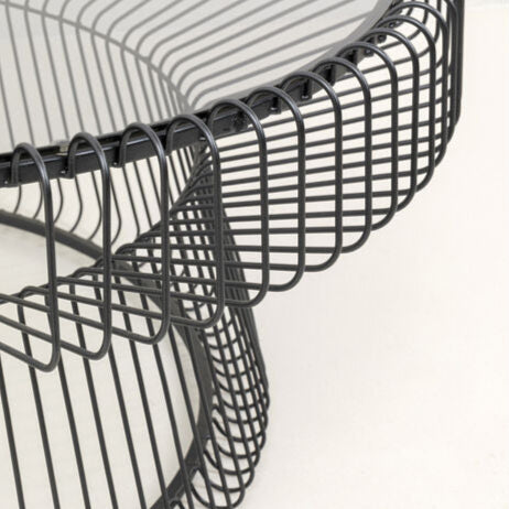 JOAQUIN Black Coffee Table with tempered glass top and wireframe black base for modern interiors.
