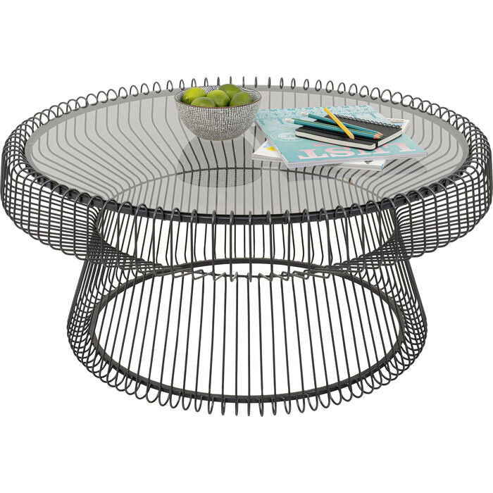 JOAQUIN Black Coffee Table with tempered glass top and wireframe black base for modern interiors.
