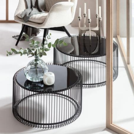 BEN Black Wire Coffee Table Set with glass tops and minimalist wireframe bases.