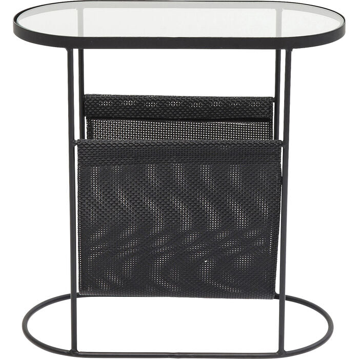 REY Journal Side Table with tempered glass top and black metal mesh pocket for storage.