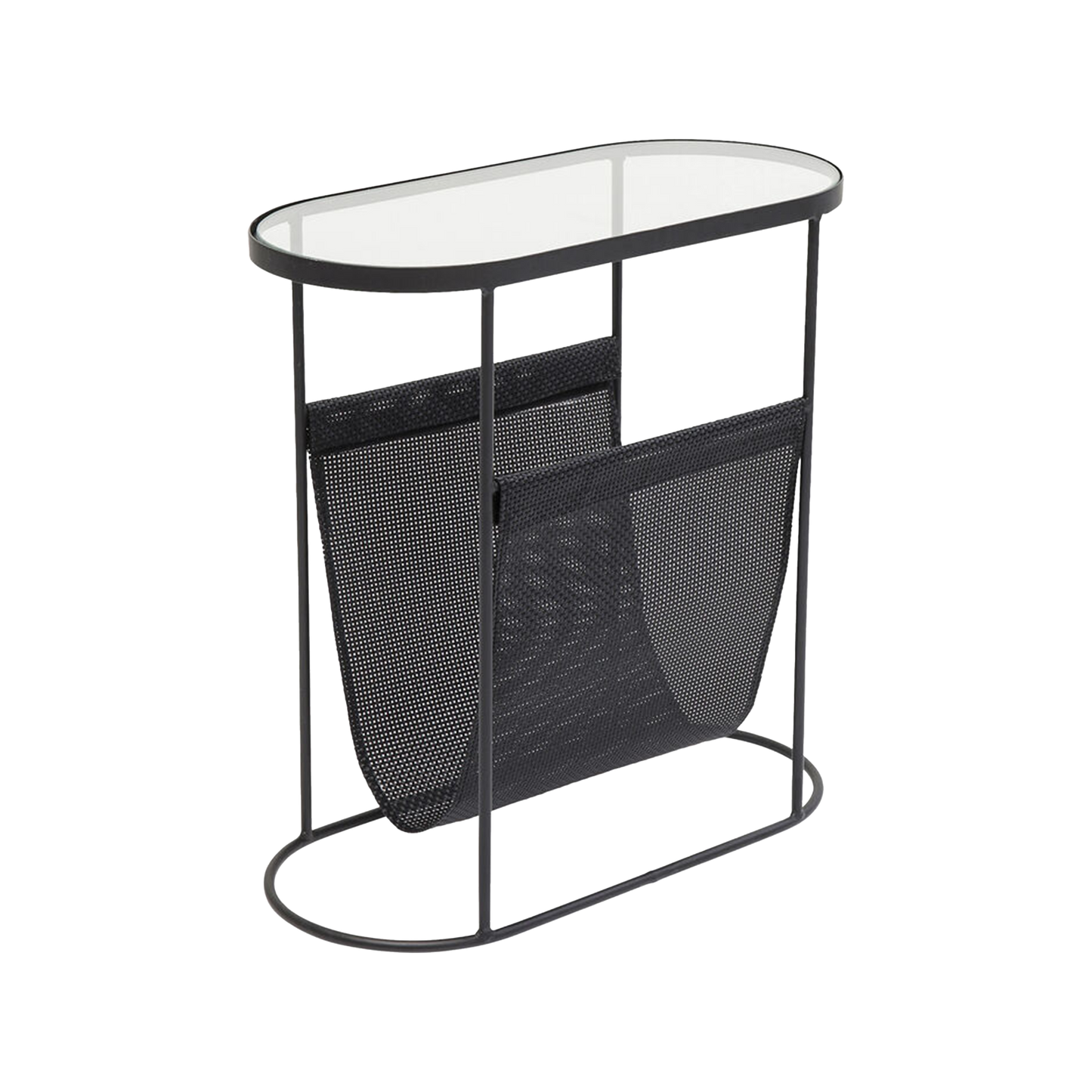 REY Journal Side Table with tempered glass top and black metal mesh pocket for storage.