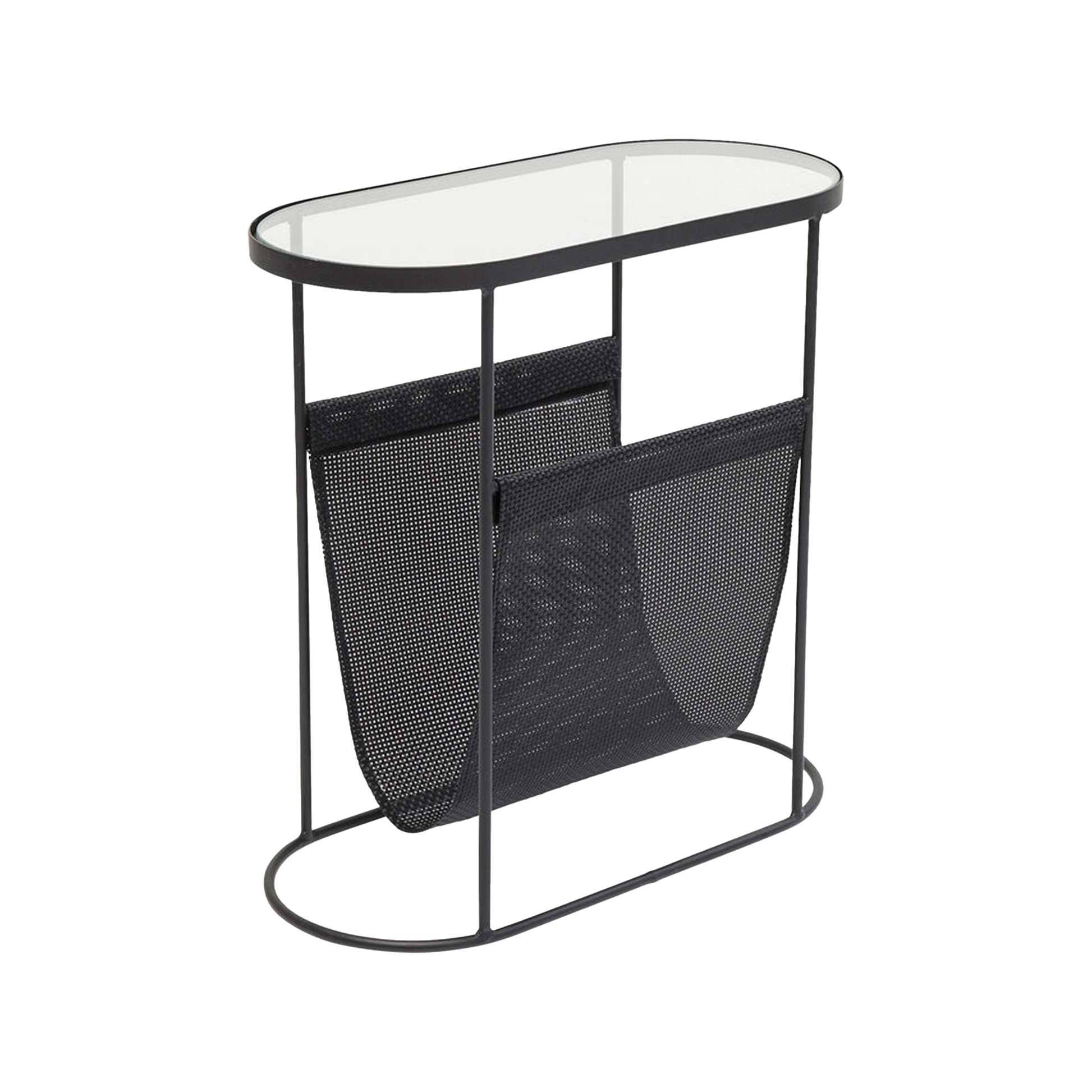 REY Journal Side Table with tempered glass top and black metal mesh pocket for storage.