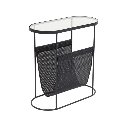 REY Journal Side Table with tempered glass top and black metal mesh pocket for storage.