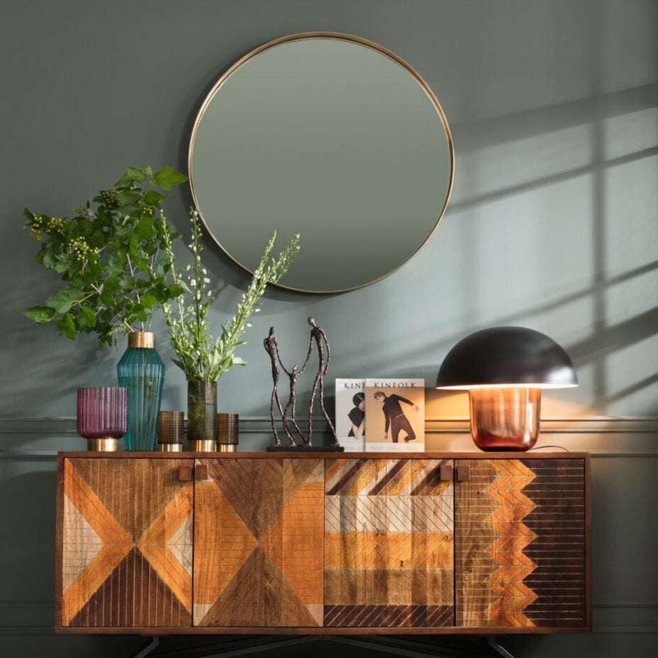 JAKE Round Brass Mirror with slim brass frame, 100cm diameter.
