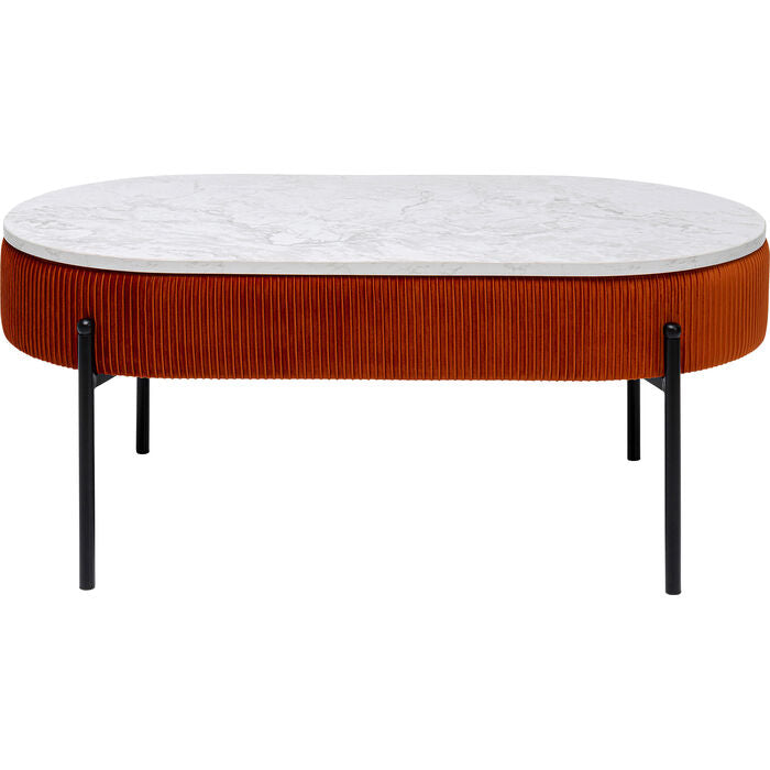 LANA Coffee Table with marble-look top, rust-colored velvet accents, and hidden storage compartment.