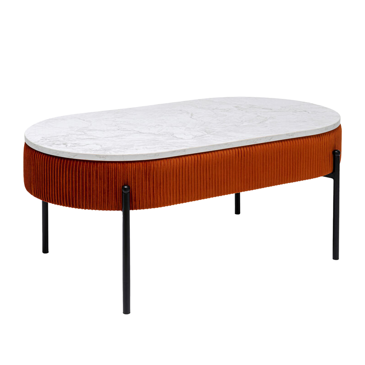 LANA Coffee Table with marble-look top, rust-colored velvet accents, and hidden storage compartment.