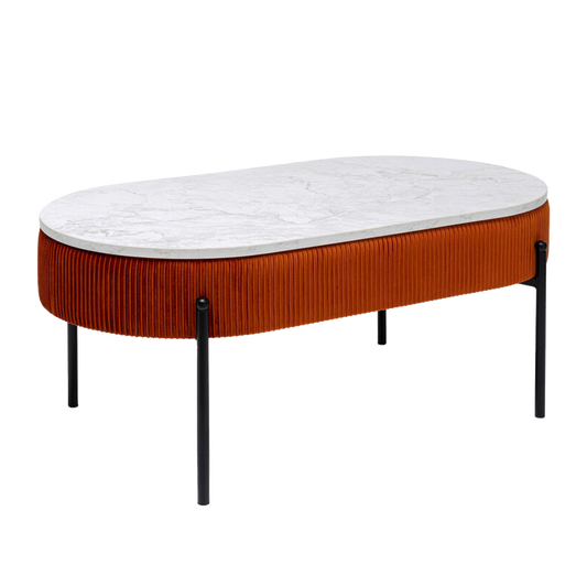 LANA Coffee Table with marble-look top, rust-colored velvet accents, and hidden storage compartment.