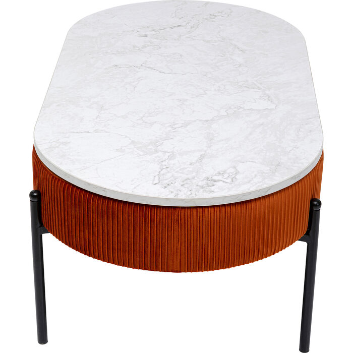 LANA Coffee Table with marble-look top, rust-colored velvet accents, and hidden storage compartment.