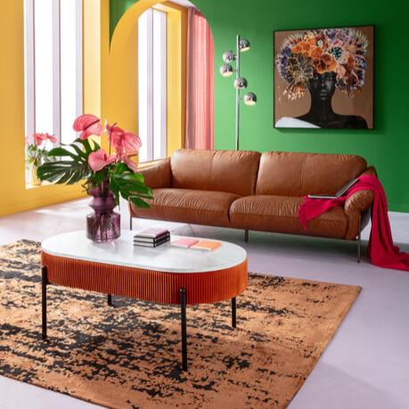 LANA Coffee Table with marble-look top, rust-colored velvet accents, and hidden storage compartment.