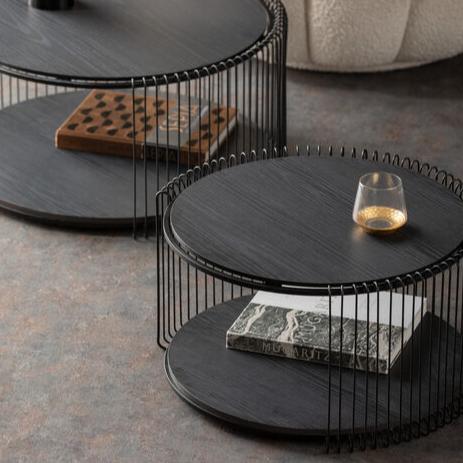 Modern JARED Black Wood Wire Coffee Table Set with double-layer storage and bold wireframe design.
