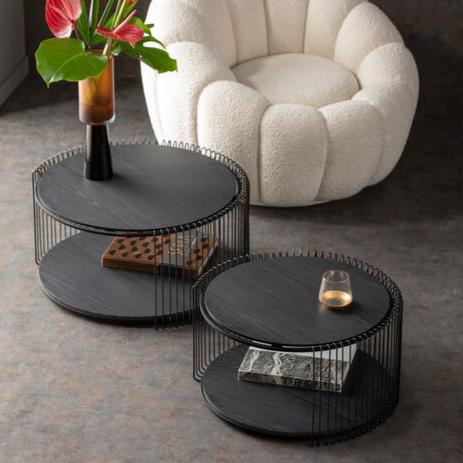 Modern JARED Black Wood Wire Coffee Table Set with double-layer storage and bold wireframe design.