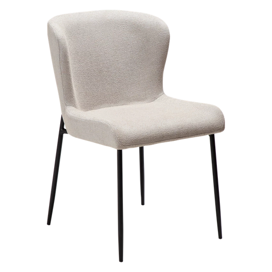 Kim Chair in grey cashmere bouclé fabric with black metal legs, designed by Sanne Protin