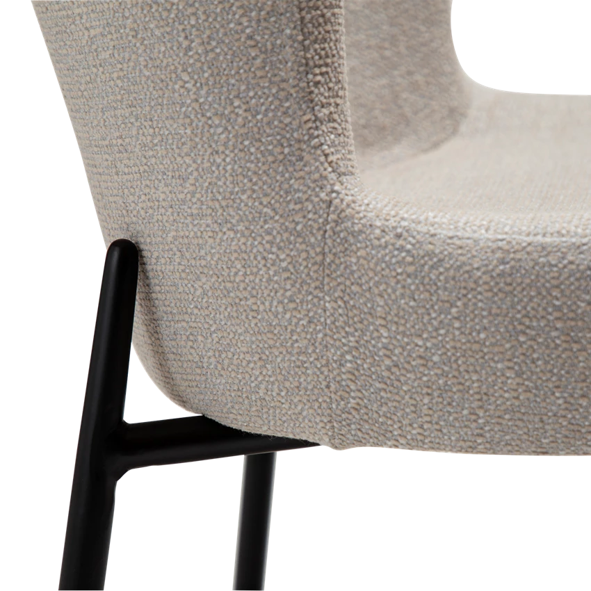 Kim Chair in grey cashmere bouclé fabric with black metal legs, designed by Sanne Protin