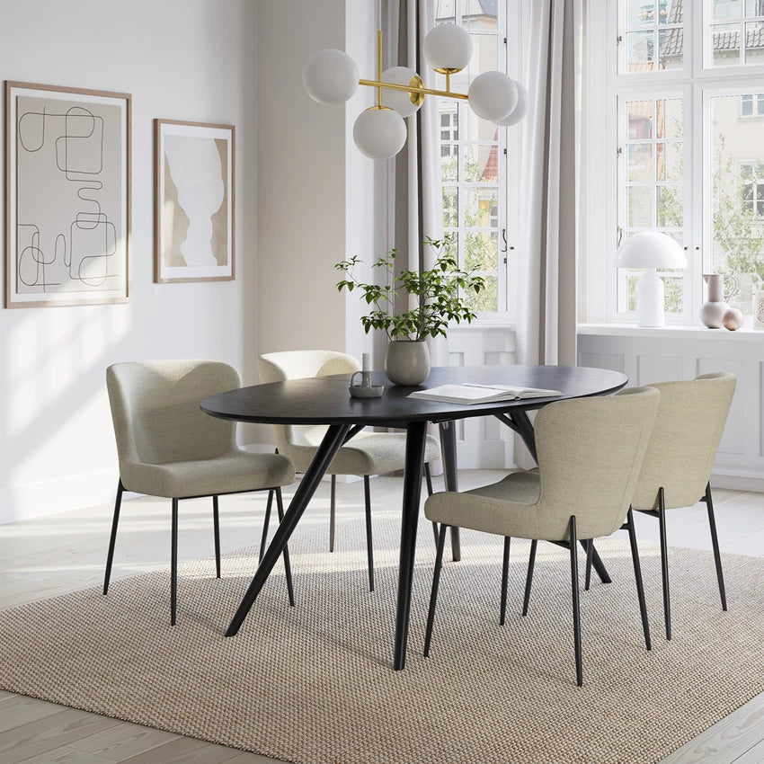 Kim Chair in grey cashmere bouclé fabric with black metal legs, designed by Sanne Protin