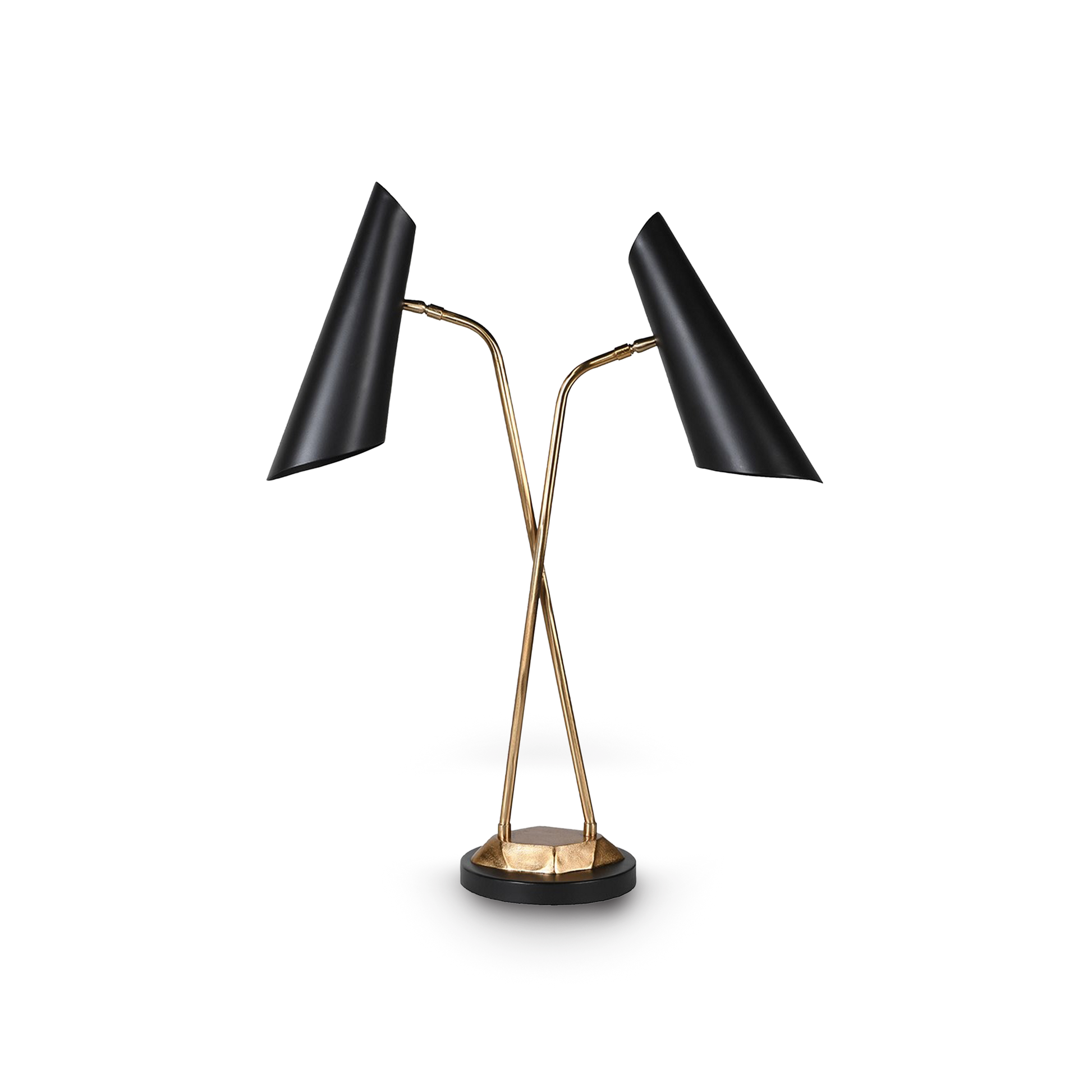DOJA Black and Gold Duel Lamp with crossed gold stems and adjustable matte black shades.