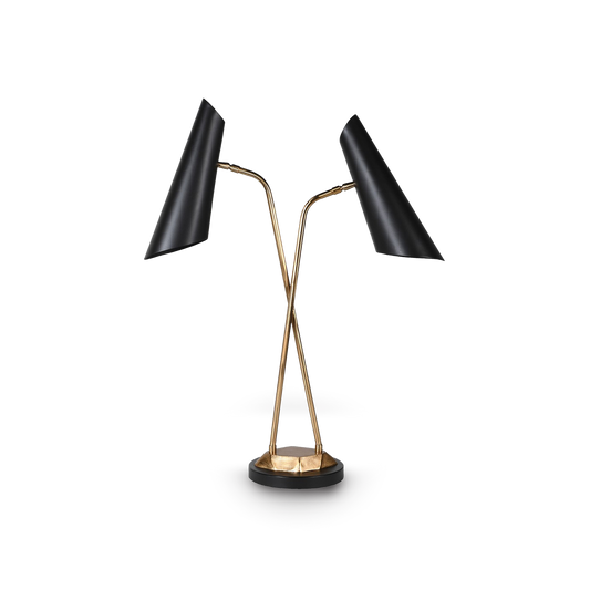 DOJA Black and Gold Duel Lamp with crossed gold stems and adjustable matte black shades.