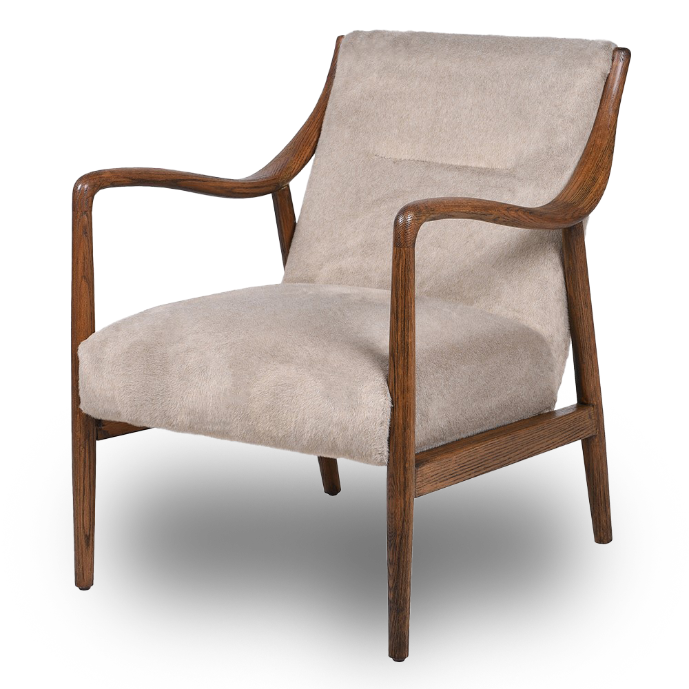 CARDI Oak Accent Chair with plush fawn-colored upholstery and solid oak frame, perfect for modern and classic interiors.