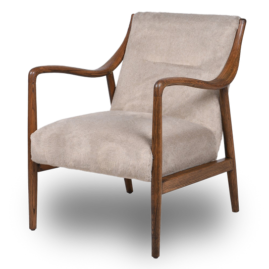 CARDI Oak Accent Chair with plush fawn-colored upholstery and solid oak frame, perfect for modern and classic interiors.