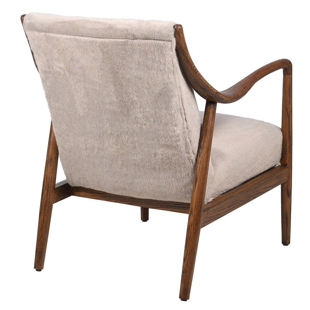 CARDI Oak Accent Chair with plush fawn-colored upholstery and solid oak frame, perfect for modern and classic interiors.