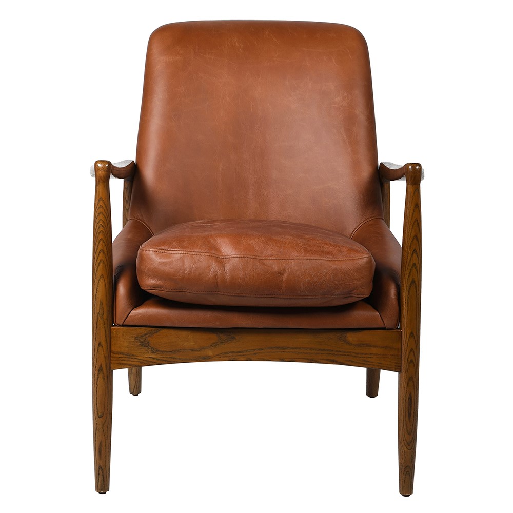 SANDRA leather armchair with solid oak frame, mid-century modern design, and premium padded cushions for luxurious comfort.