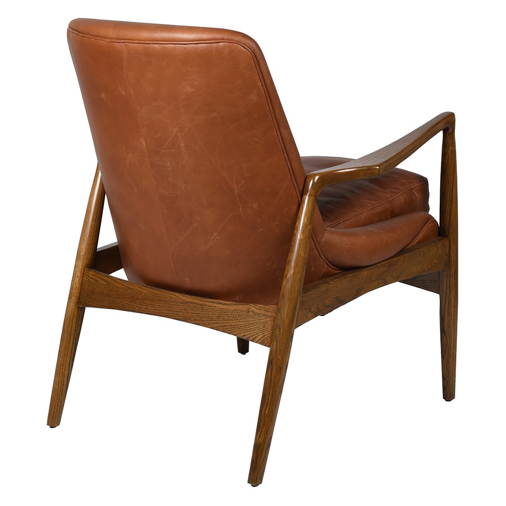 SANDRA leather armchair with solid oak frame, mid-century modern design, and premium padded cushions for luxurious comfort.