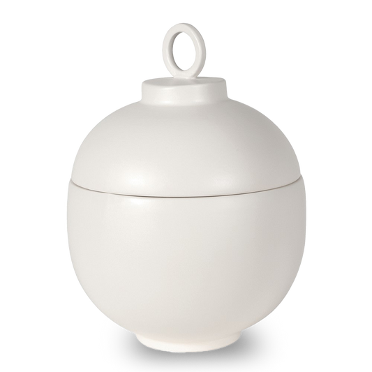 JOHNNY White Ceramic Lidded Jar with loop handle and matte finish