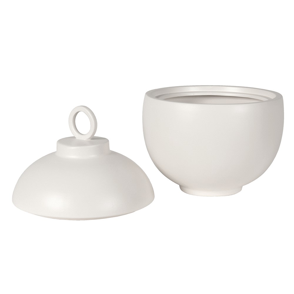 JOHNNY White Ceramic Lidded Jar with loop handle and matte finish
