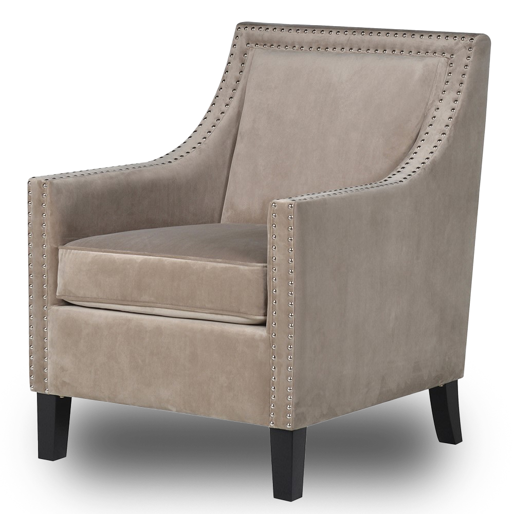 CAMILA Taupe armchair with silver studded detailing, luxurious upholstery, and wooden legs for a timeless and elegant seating solution.