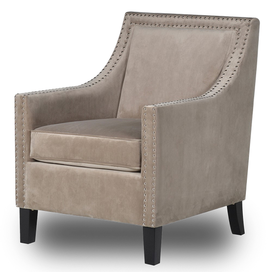 CAMILA Taupe armchair with silver studded detailing, luxurious upholstery, and wooden legs for a timeless and elegant seating solution.