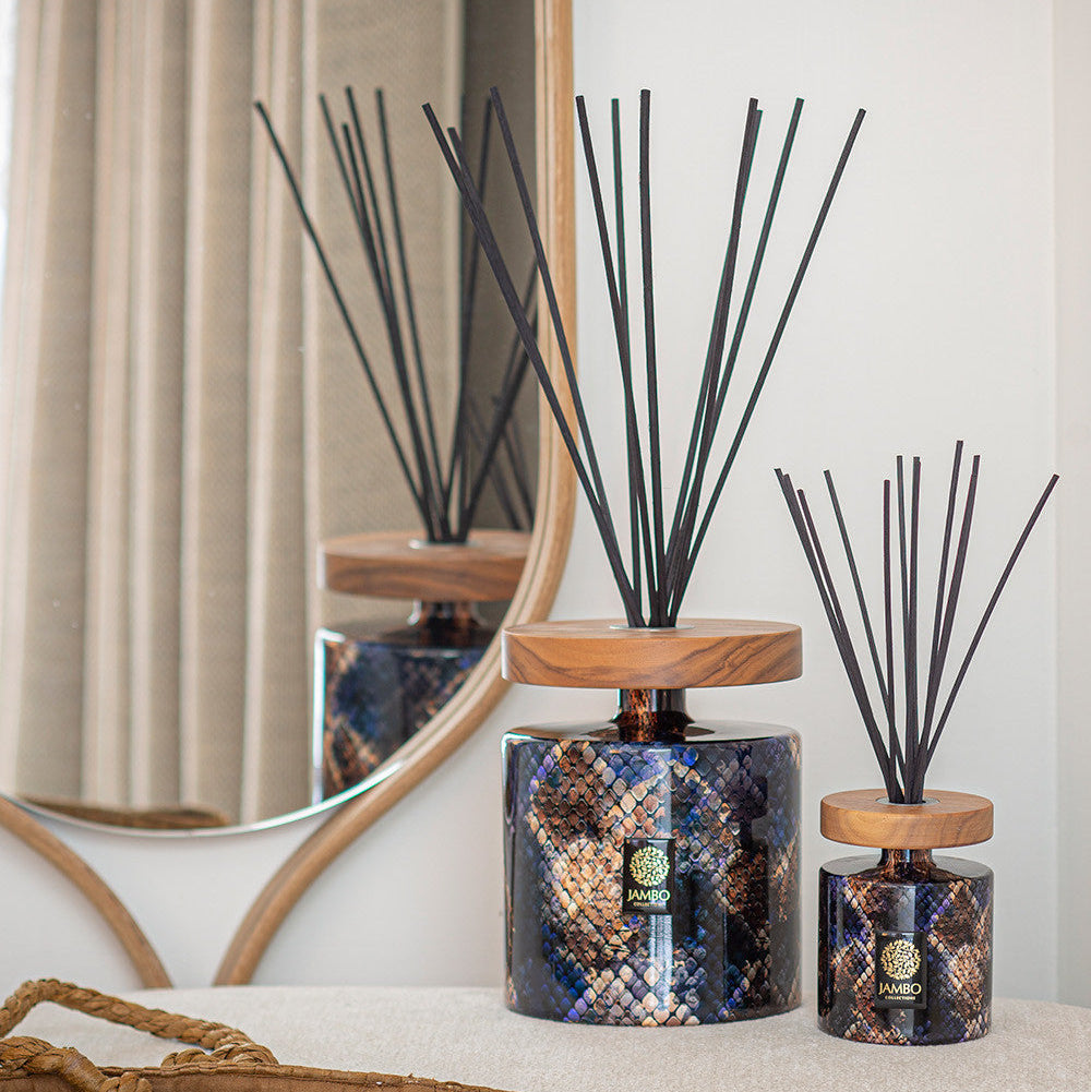 Moorea Reed Diffuser – exotic patterned diffuser with incense, leather, and musk fragrance from Jambo Exclusivo Collection.