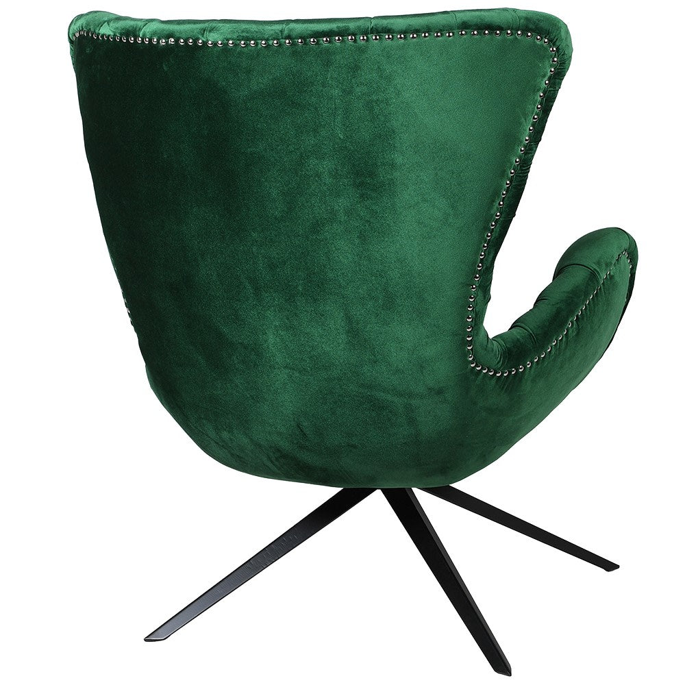 DEMI green curved chair with button-tufting, velvet upholstery, and black base for luxurious comfort and elegant design.
