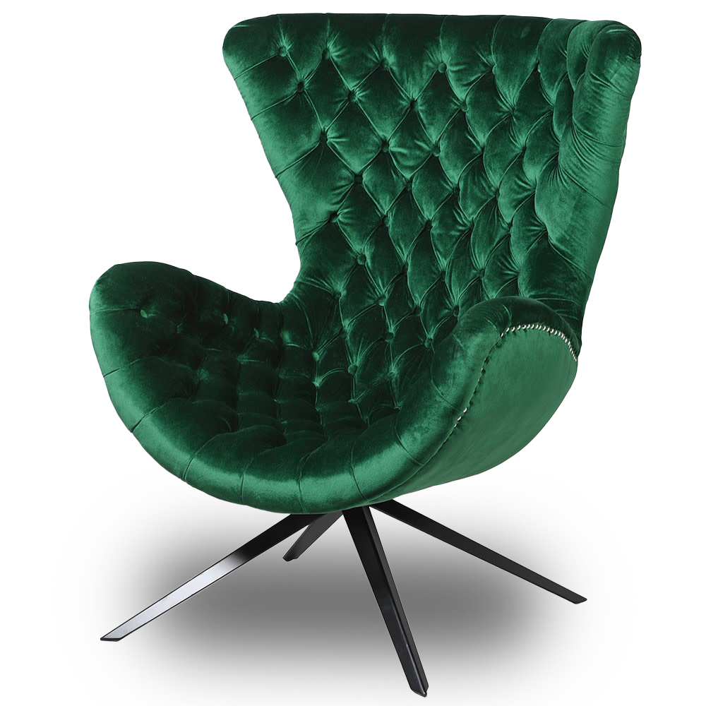 DEMI green curved chair with button-tufting, velvet upholstery, and black base for luxurious comfort and elegant design.