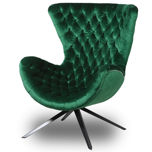 DEMI green curved chair with button-tufting, velvet upholstery, and black base for luxurious comfort and elegant design.