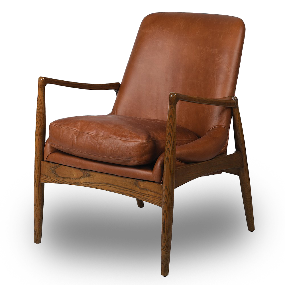 SANDRA leather armchair with solid oak frame, mid-century modern design, and premium padded cushions for luxurious comfort.