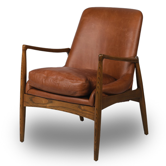 SANDRA leather armchair with solid oak frame, mid-century modern design, and premium padded cushions for luxurious comfort.