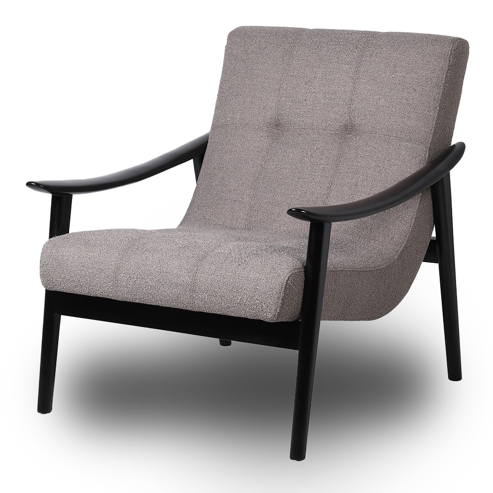 SOFIA Grey Lounge Chair with tufted cushioning, sleek black wooden armrests, and modern design for comfort and style.
