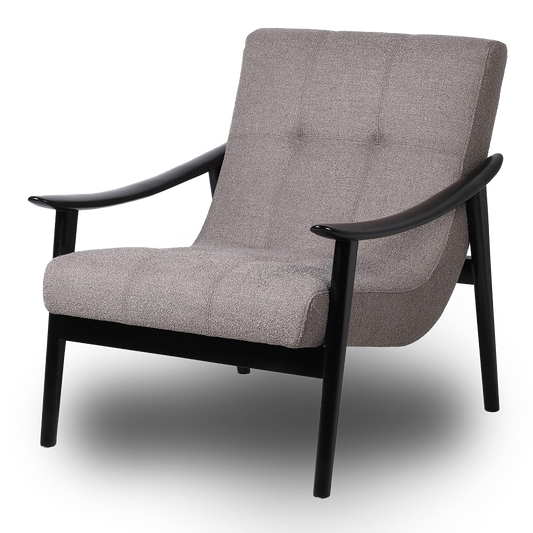 SOFIA Grey Lounge Chair with tufted cushioning, sleek black wooden armrests, and modern design for comfort and style.