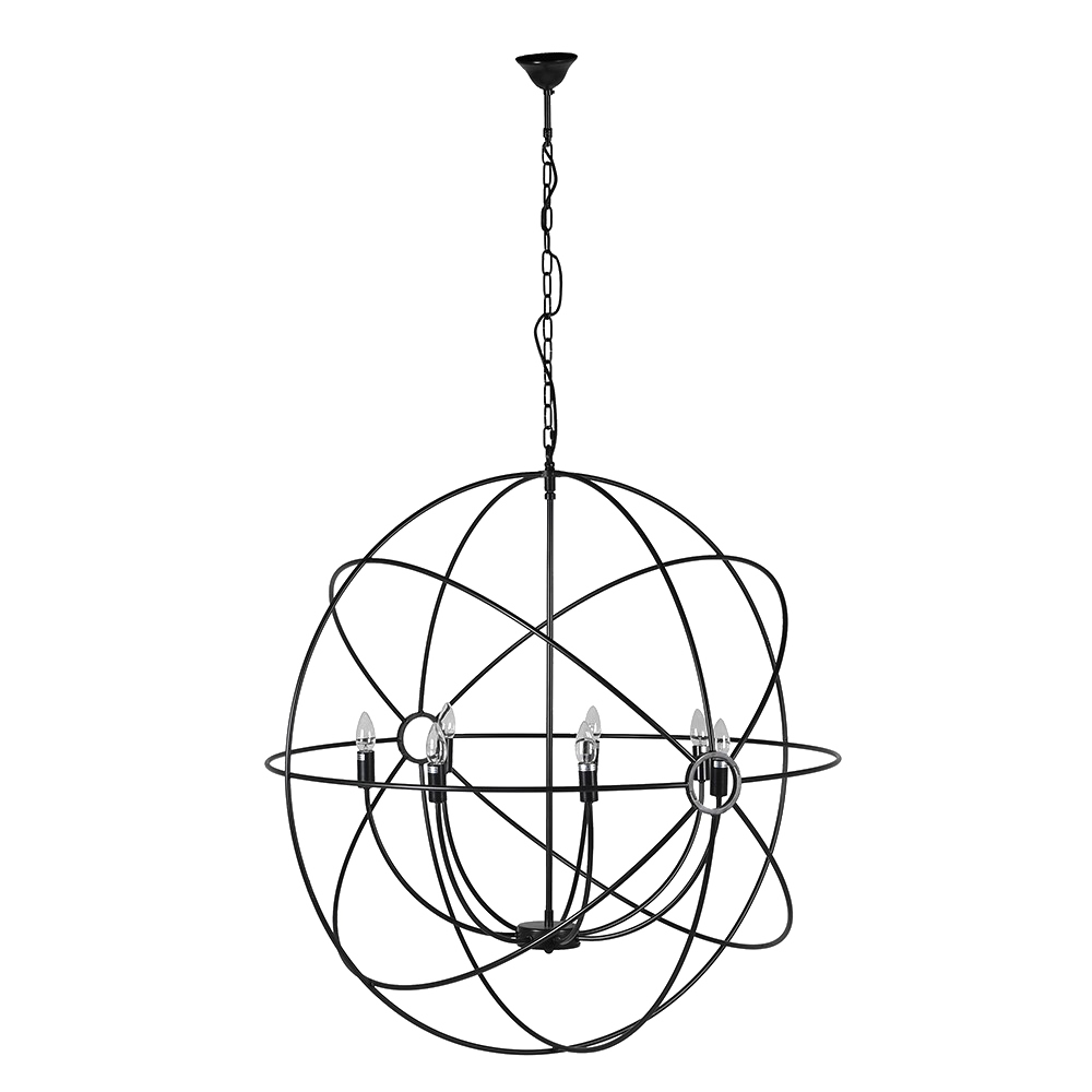 ED Rustic sphere chandelier with industrial matte black iron design and six-light configuration, perfect for modern and farmhouse interiors.