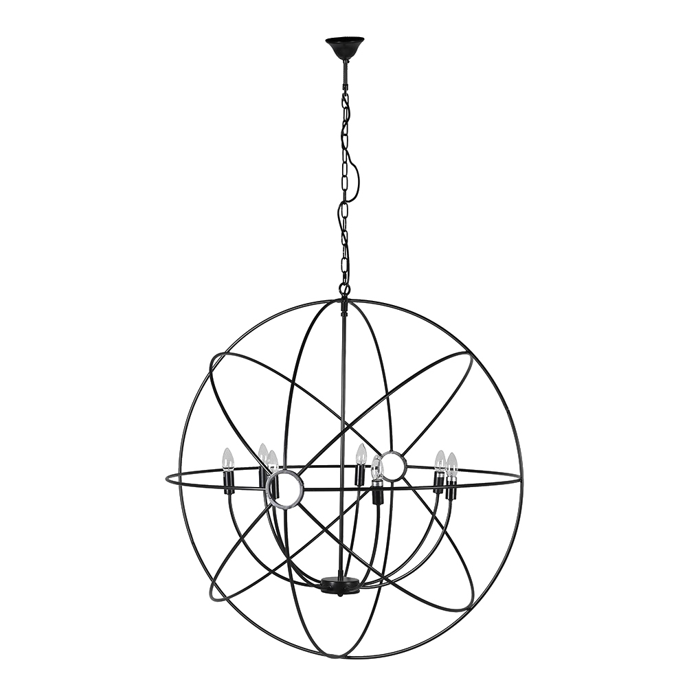 ED Rustic sphere chandelier with industrial matte black iron design and six-light configuration, perfect for modern and farmhouse interiors.