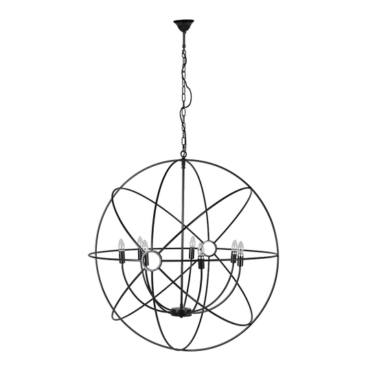 ED Rustic sphere chandelier with industrial matte black iron design and six-light configuration, perfect for modern and farmhouse interiors.