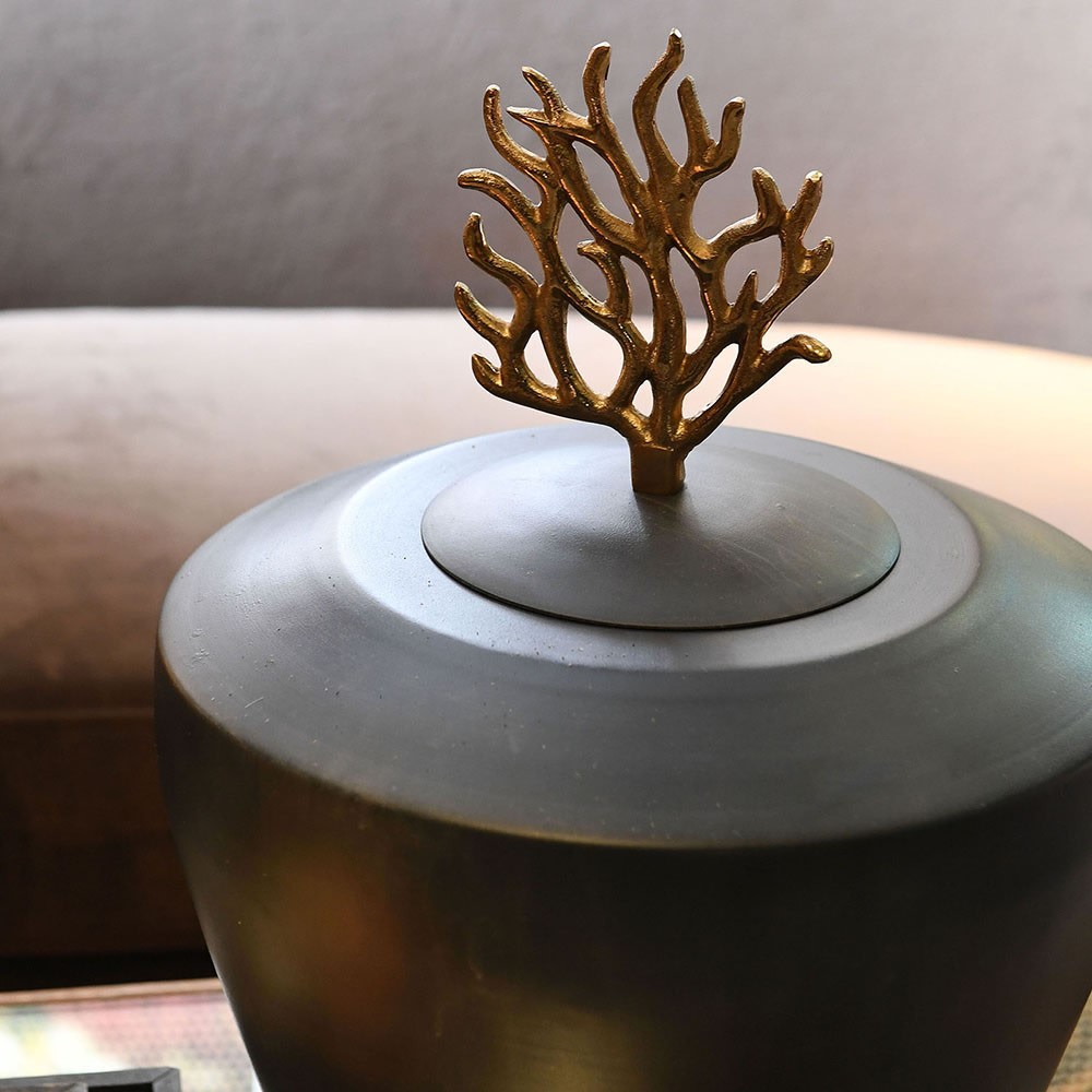 ROBERT Gold Coral Lidded Jar with deep matte finish and luxurious golden coral handle